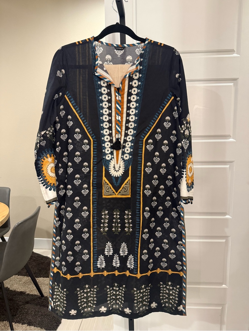 Black Embroidered Long Sleeve Tunic Dress with Mustard Accents